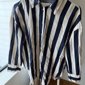 Zara Navy and White Striped Women's Button Down Shirt